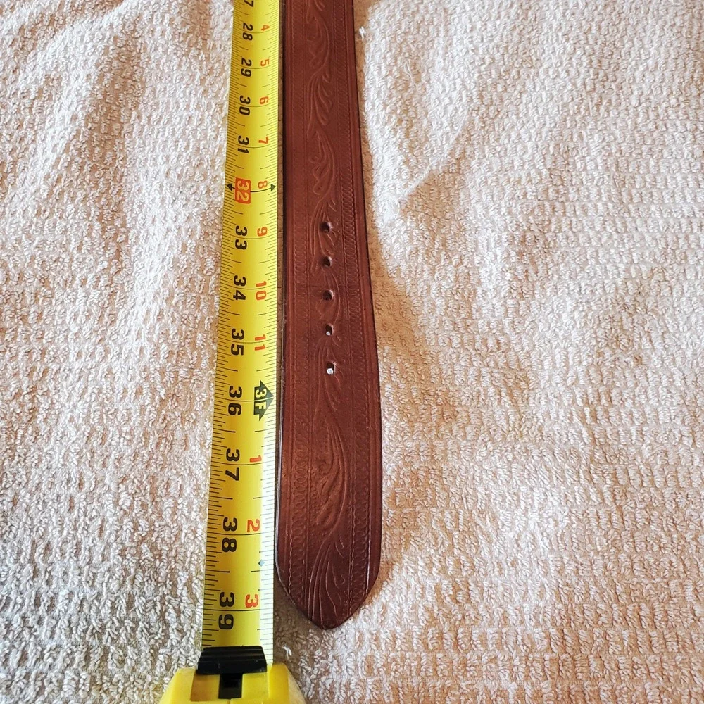 Vintage Brown Floral Embossed Leather Belt Strap Unisex Western No Buckle 39in